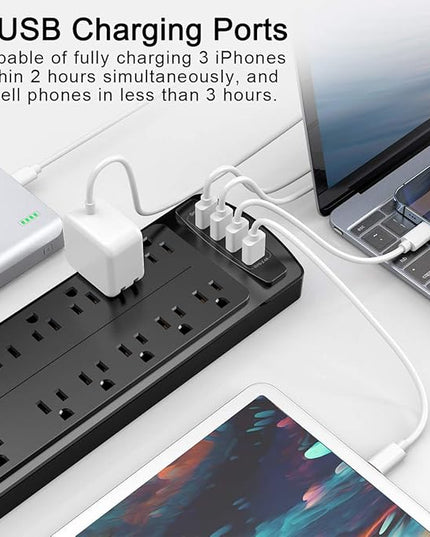 Power Strip Surge Protector - ALESTOR 10 Feet Extension Cord (1875W/15A) with 12 Outlets and 4 USB Ports, 2700 Joules, for Home, School, College Dorm Room, and Office, ETL Listed, Black