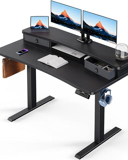 HUANUO 48″ x 24″ Electric Standing Desk with 2 Drawers, C-Clamp Mount Compatible, Height Adjustable Computer Desk, Home Office Stand Up Desk with 4 Preset Heights & 2 Hooks, Black