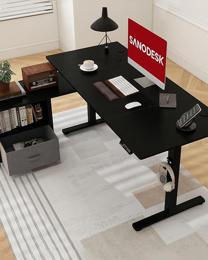 SANODESK 63'' L Shaped Standing Desk with 2-Drawer File Cabinet, Electric Height Adjustable Stand up Desk w/USB Charge Ports, Home Office Modern Wood Computer Desk with Shelves,Black Frame/Black Top