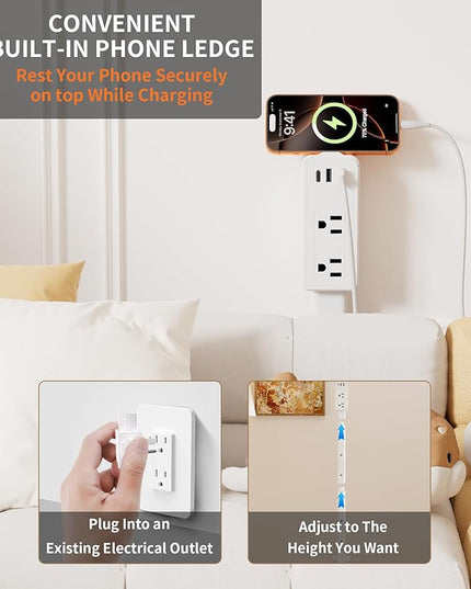 Electrical Outlet Extender Stick Features 2 USB-A, USB-C and 2 AC Outlets, Extendable 6", 15.3", 24.5", 34", for Hard to Reach Spaces Use Behind Couches, Nightstands, E-Sports Desks, and More
