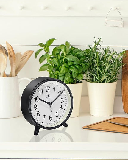 Infinity Instruments Plastic 5.75" Indoor Tabletop Alarm Clock with Quartz Movement for Accurate Time Keeping, Black