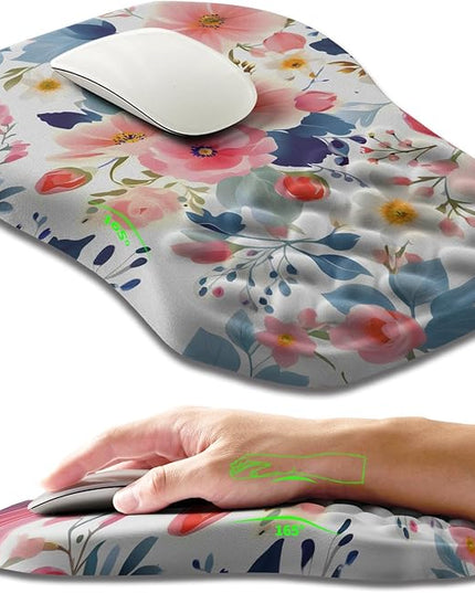 Ergonomic Slope Mouse Pad Wrist Support, Wrist Rest Mousepad for Carpal Tunnel Pain Relief with Massage Bulge and Slow Rebound Memory Foam (12x8 inch, Pink Floral)