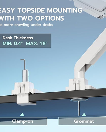 ARES WING Single Monitor Arm, Heavy Duty Adjustable Monitor Arm for 13"-49" Screens with USB, Gas Spring Desk Mount Stand with C Clamp/Grommet Mounting Base up to 40lbs Computer, White