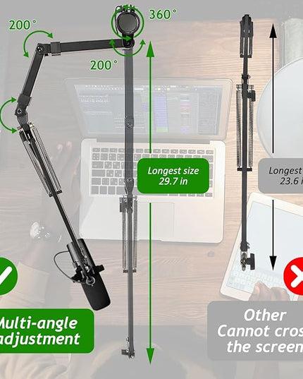 Mic Boom Arm, Adjustable Height Overhead Microphone Stand with Heightened Extension Riser for Shure SM7B Blue Yeti HyperX QuadCast S and other Mic