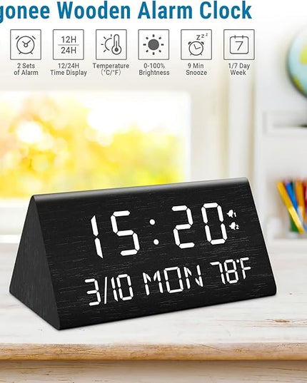 Kogonee Wooden Digital Alarm Clock, 0-100% Dimmer, 2 Alarm Settings, Weekday/Everyday Mode, 9 Mins Snooze, 12/24H, Temperature and Date Display for Office, Travel, Bedroom Alarm Clock (Black)