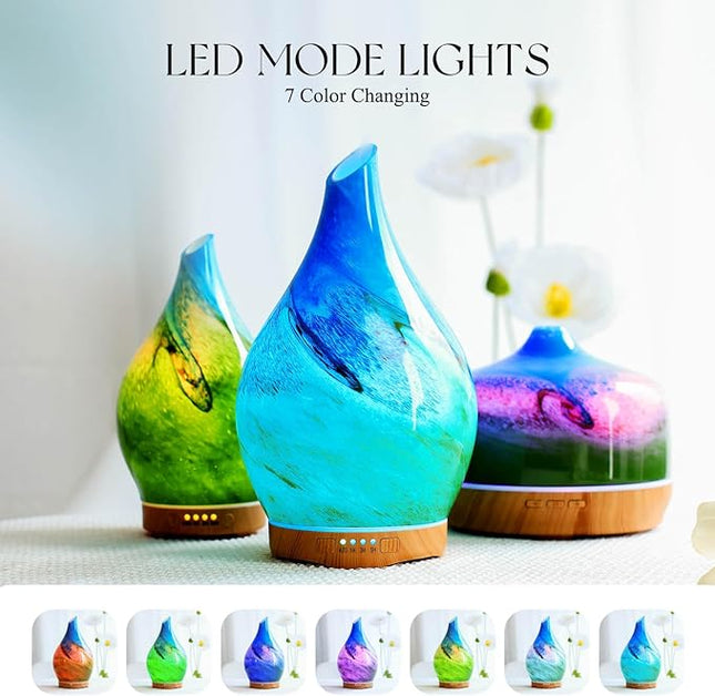 Porseme 280ml Essential Oil Diffuser Glass Color Changing Aroma Air Diffusers Aromatherapy Ultrasonic Cool Mist Humidifier 7 Running Hours Waterless Auto-Off for Sleeping, Yoga, Office (Blue Grass)