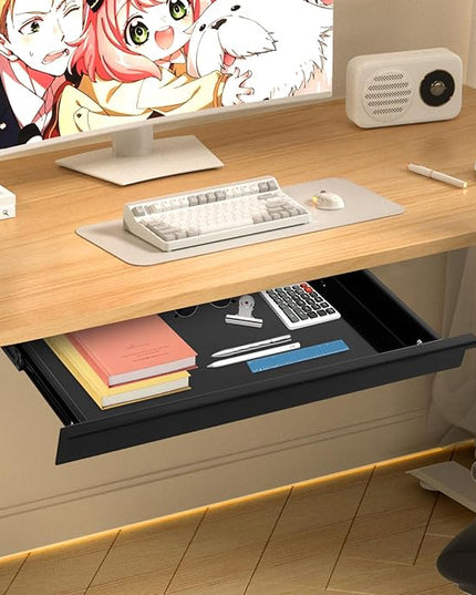 17.7" Under Desk Storage Drawer, Black Sliding Pull-Out Drawer for Sit Stand Workstation