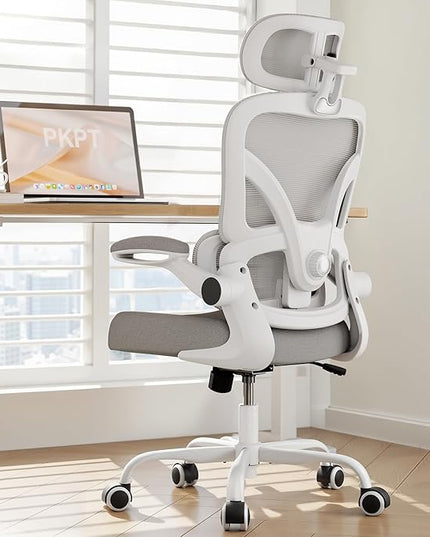 Ergonomic Office Chair, 330LBS Desk Chair with 3-Level Lumbar Support & Headrest, Breathable Mesh Backrest, Flip-Up Armrests for Home Office and Gaming, White and Gray