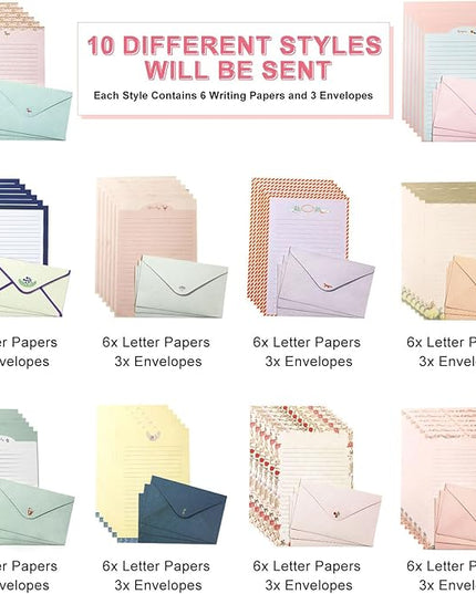 91 Pcs Stationery Paper Envelopes Set Includes 60 Lined Writing Paper & 30 Envelopes with 48 Colorful Round Dot Stickers, Cute Vintage Letter Writing and Stationery Paper Envelopes(10Style)