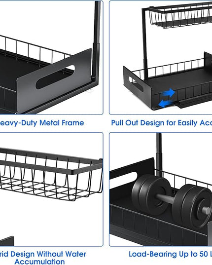 Under Sink Organizer, 2 Tier Pull-Out Cabinet Storage Shelf, Rust-Resistant Metal Organizer for Kitchen Bathroom Laundry Room, No Tools Installation, 1 Pack Black