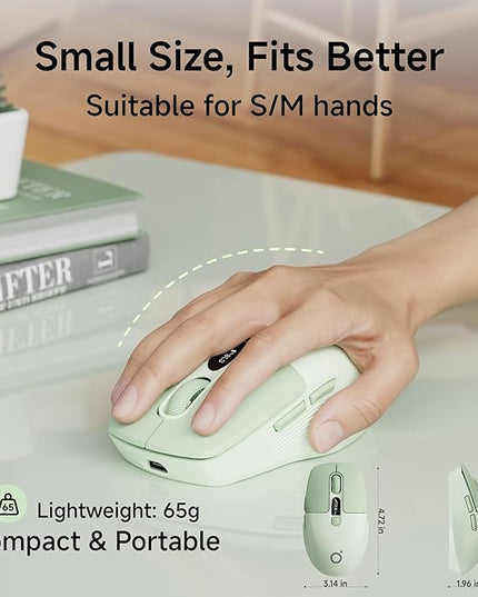 EWEADN Q1 Wireless Mouse, BT & 2.4G Silent Mouse Quiet Click with 1600 DPI Levels, Battery & DPI LED Screen Display, 6 Button Small Portable Bluetooth Mouse for Laptop/PC/Mac-Green