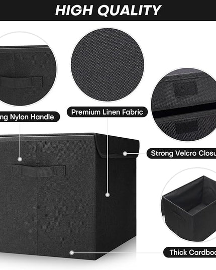 Large 17" 42 Quarts Collapsible Stackable Storage Bins with Lids [3-Pack] Foldable Fabric Linen Storage Boxes Cube, Closet Organizer Baskets with Label (16.7 x 12 x 12, Black)