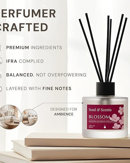Soul & Scents Reed Diffuser Set – Blossom | 7.43 oz Refillable Scented Oil with 6 Fiber Sticks | Long-Lasting Home Fragrance & Air Freshener for Bedroom, Bathroom, Office | Gift & Décor Piece