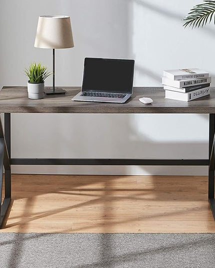 HSH Industrial Home Office Desk, Metal and Wood Computer Desk, Rustic Vintage Soho Work Study Writing Table, Modern PC Desk for Livingroom Bedroom, Farmhouse Computer Table Grey 55 inch Wide