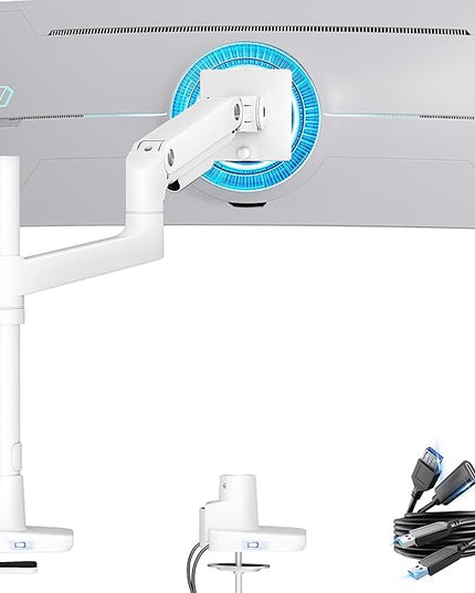 ARES WING Heavy Duty Monitor Arm with USB A/C, Tall Ultrawide Monitor Arm for 17 to 49 inch Screen, Holds 44 lbs, Adjustable Gas Spring Desk Mount, White