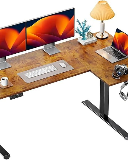 HUANUO 63x40 inch Dual Motor L Shaped Electric Standing Desk with 3 Preset Heights, Electric Height Adjustable Computer Table, 2 Hooks & Cable Tray, Raising Desk for Home Office, Vintage Brown