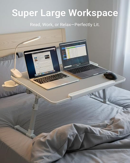 iXTRA Laptop Lap Desk with Cooling Fan - Adjustable Bed Desk with Light, Bed Table with Cup Holder&Phone Holder - Storage Drawer Desk - Folding Bed Desk,Grey,70x45cm