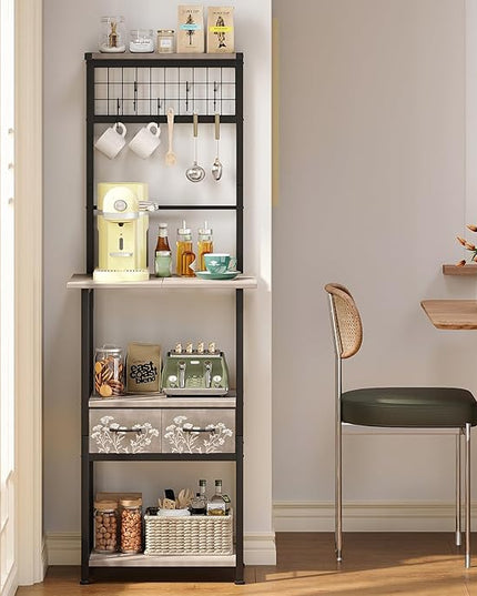 GiftGo Small Coffee Bar Station Narrow Corner Baker Rack Stand with 2 Storage Fabric Drawers 5 S Hooks for Small Spaces Farmhouse Bakers Rack for Kitchen, Entryway, Living Room (Grey, Narrow)