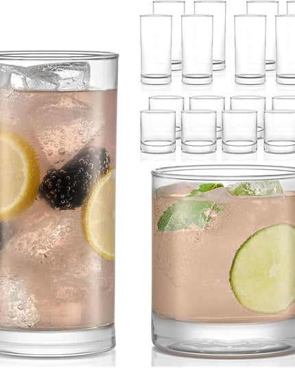 Libbey Province Tumbler and Rocks Glass Set, Elegant Drinkware Glasses Set, Tall Drinking Glasses with Modern Lines, Dishwasher Safe Drinking Glasses Set of 16