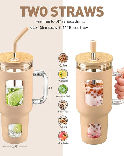 Glass Tumbler with Straw and Lid, 40 oz glass cup with handle, Glass Water Bottles with Time Marker, Silicone Protective Sleeve-Amber
