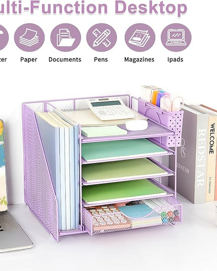 OUTIOE Desk Organizer with Drawer and Pen Holder, 5-Tier Paper Letter Tray Organizer with File Holder, Suitable for Workspace Organizer Office Supplies Storage (Purple)