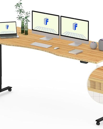 FLEXISPOT E6 MAX Bamboo 78x30 Inch Dual Motor 3-Stage Heavy Duty Standing Desk, 330lbs Weight Capacity, Height Adjustable Desk w/Cable Management & Wheels (Solid Bamboo Curved Desktop + Black Frame)