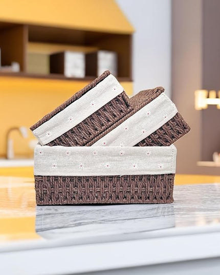 GIB Wicker Woven Storage Baskets with Lids Set of 3 Size, Decorative Paper Rope Small Nesting Baskets Removable Liner Container Bins for Shelves Pantry Table Keys Gifts Makeup Organizer, Brown
