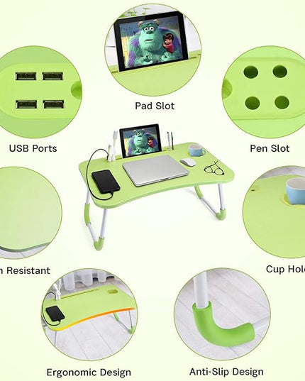Slendor Lap Desk with Cup Holder, Foldable Laptop Table for Bed, Portable Bed Desk for Laptop and Writing, Computer Tray with Tablet Slot, Notebook Stand Reading Holder for Couch Sofa Floor,Green