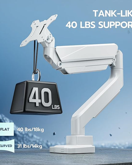ARES WING Ultrawide Monitor Arm, Heavy Duty Single Monitor Mount for 13"-49" Curved Screens, Adjustable Stand for Desk with C-clamp & Grommet Base up to 40 LBS, White