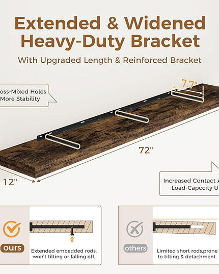 Fun Memories 72 Inch Floating Shelf, 12 Inch Deep Wall Shelf for Fireplace Mantel, Deep Storage Shelves for Home & Office, Wall Shelves with Invisible Bracket, Rustic Brown, Set of 1