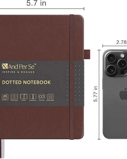 &And Per Se Dotted Journal Notebook, A5 Hardcover Leather Bullet Dotted Journal, 160 Pages 100 gsm Thick Paper, 3 Sheets of Stickers Included- 5.7'' x 8''（Chocolate）