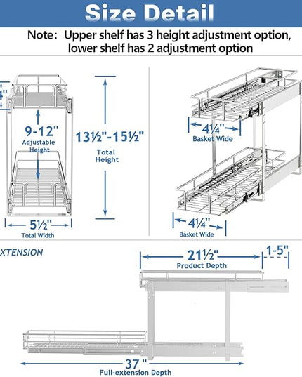 LOVMOR 2 Tier 5½" W x 21½" D, Individual Pull Organizer Kitchen Cabinet Storage Sliding Shelves