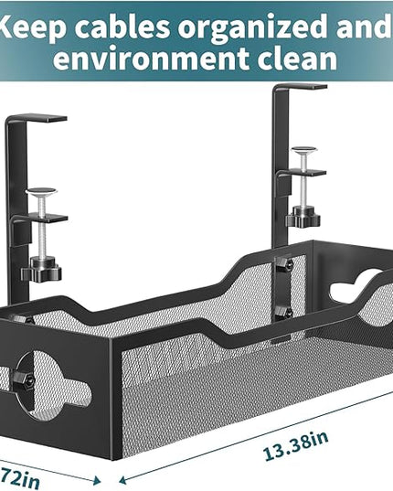 Litwaro Under Desk Cable Management Tray 2 Pack, No Drill, Organizer with Clamp Easy to Install for Standing Cord Organizer, Wire Damage Desk, Black, 13.38''-2 pack