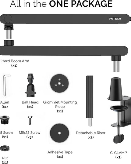 IXTECH Mic Arm Desk Mount, Low Profile 360° Swivel Mic Boom Arm, Adjustable Microphone Arm with Detachable Rise Column and Built-In Cable Management for Streaming and Recording.
