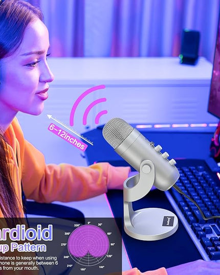 ZealSound USB Microphone,Condenser Computer PC Mic,Plug&Play Gaming Microphones for PS 4&5.Headphone Output&Volume Control,Mic Gain Control,Mute Button Vocal,YouTube Podcast on Mac&Windows(Silver)