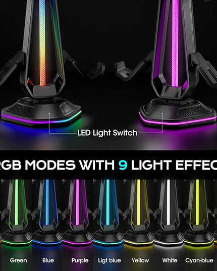 Saitake RGB Controller Holder with 9 Light Modes,Controller Stand with 2 USB Ports,Headset Stand for Desk-Headphone Holder Suitable for All Headphones and Controllers