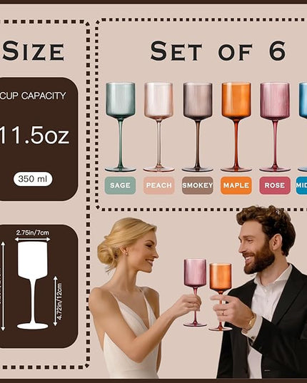 Colored Square Wine Glasses Set of 6, Elegant Ribbed Design Colorful Crystal Glassware with Long Stem, 11.5oz Hand Blown Stemware For Red & White Wine Home Bar Party- Multicolour