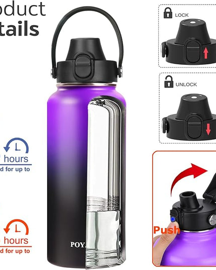 Water Bottle Insulated 32oz 40oz 64oz 128oz Straw Lid Spout Lid & 3 Lids, Leak Proof, Vacuum Insulated,Stainless Steel Water Bottle Wide Mouth for Sports, Gym or Office