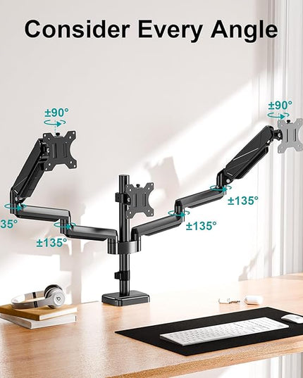 MOUNT PRO Triple Monitor Mount, 3 Monitor Desk Arm fits Three Max 27" LCD Computer Screens, up to 17.6lbs Each, Premium Gas Spring Display Stand with Tilt Swivel Rotation, Vesa Mount 75x75,100x100