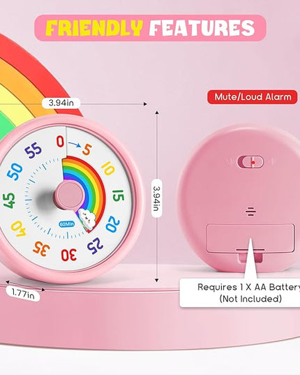HIPPIH Visual Timer for Kids, 60 Minute Countdown Timers for Classroom Kitchen Office, Rainbow Disk Desk Timer Clock with Silent Operation, Pomodoro Timer Time Management Tools for Toddler ADHD Pink
