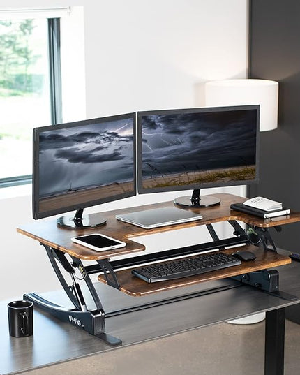 VIVO 42 inch Height Adjustable Stand Up Desk Converter, V Series, Quick Sit to Stand Tabletop Dual Monitor Riser Workstation, Rustic Vintage Brown Top, Black Frame, DESK-V000VLN