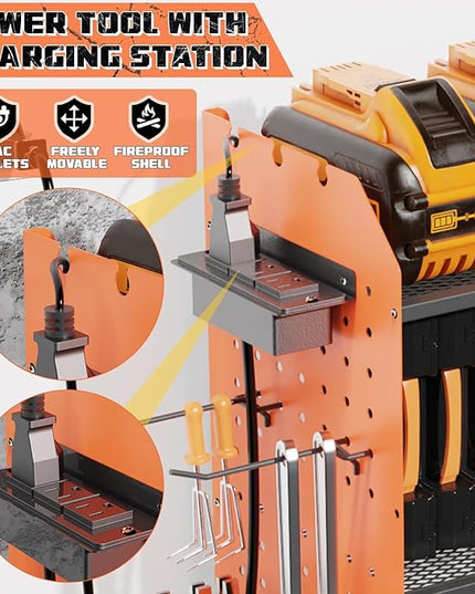 45" Large Power Tool Organizer Wall Mount with Charging Station - 3 Layer Storage Racks with 8 Cordless Drill Holder, 4 Hooks, Heavy Duty Garage Tool Organizer Storage for Workshop Pegboard Basement