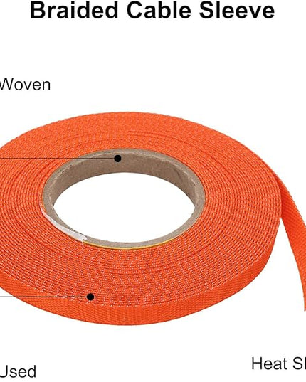 MECCANIXITY Braided Cable Sleeves Heat Shrinkable Fabric Sleeving, 1/4" 33ft Orange 2:1 Ratio Heat Shrinkable Cord Protector for Harness Cable, Network Cable Protection, Cable Management