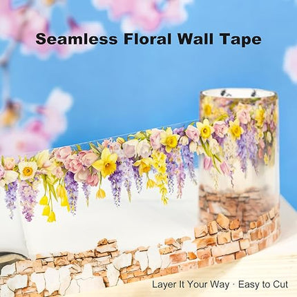 MiyouLuna 6 Rolls Flower Wall PET Tape Set, Seamless Floral Brick Stone Stickers for Journaling, DIY Crafts, Planner, Scrapbook Supplies with Clip, Waterproof and Decorative