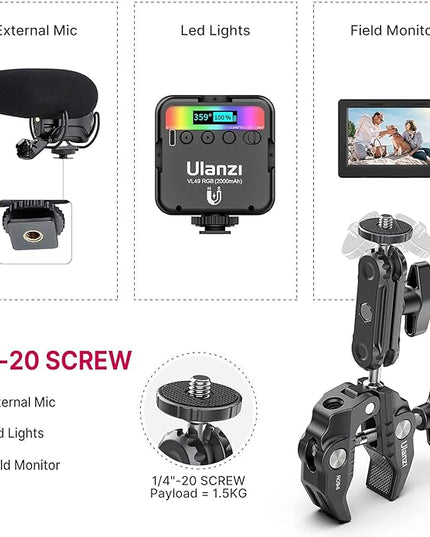 ULANZI Super Clamp Camera Clamp Mount Monitor 360° Ballhead Magic Arm Double Ball Head Adapter with 1/4"-20 & 3/8"-16 Thread for Canon Nikon DSLR Camera/Gopro/LED Lights/Ronin-M/Ronin MX/Freefly MOVI
