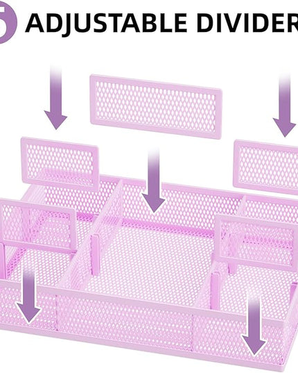 Marbrasse 2 Pack Desk Drawer Organizer, Mesh Drawer Organizer Tray with 8 Adjustable Compartments, Desk Organizers and Accessories, 5 Dividers Drawer for Office Supplies, Makeup & Vanity (Purple)