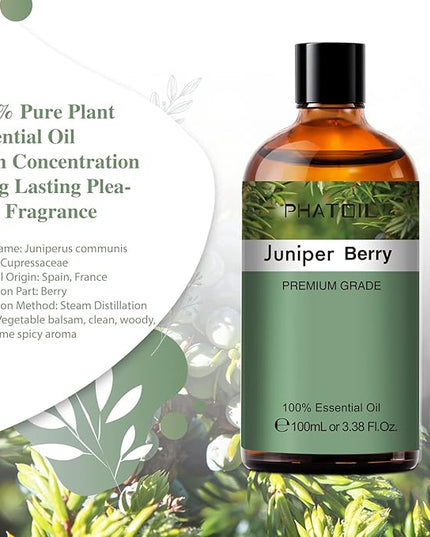 Juniper Berry 3.38fl.oz Essential Oil, PHATOIL Pure Aromatherapy Oils for Diffuser, Humidifier, Perfect for DIY Soap, Candle, Bath Bombs Making(100ml)