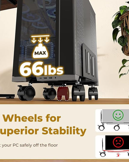 JOY worker Computer Tower Stand, 4.9 to 13.9 inch Wide Adjustable Mobile PC Cart with 5 Wheels, Steel Tower Floor Stand Holds Up to 66 lbs, Rolling Gaming CPU Holder Under Desk, Black