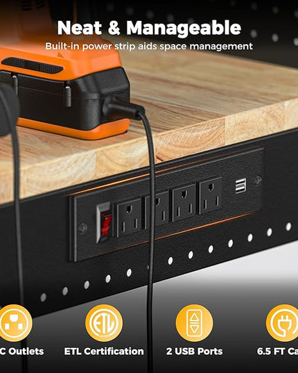 48" Heavy Duty Work Bench Adjustable Height Max Load 2000 LBS with Storage Shelf for Garage Workbench, Rubberwood Tabletop with Pegboard, LED Light, Built-in Power Strip for Woodworking Shop