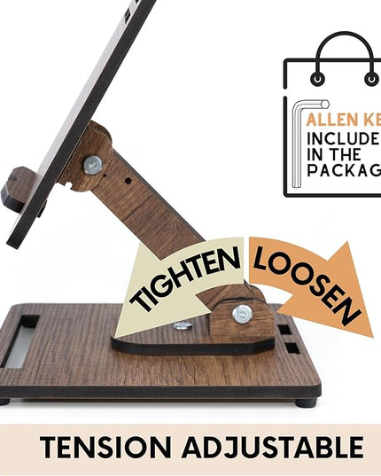 Vigo Wood Book Stand for Reading 360° Adjustable, Wooden Laptop Stand, Cookbooks Holder, Music Scores, Featuring Multi-Height Angles and Foldable Design with Page Clips.